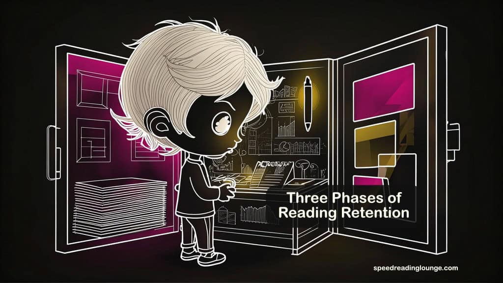 Three phases of reading retention and retaining information shown as an adult chibi figure before a folding screen with preparation annotation and review scenes