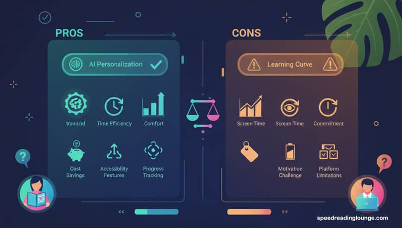 Typing software advantages and disadvantages analysis covering AI personalization, cost, learning curve, and accessibility features