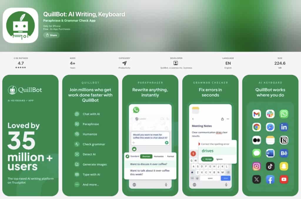 quillbot review - overview of quillbot app features, functions, app logo, user reviews, review ratings - on green backgrounds. iphone user interface