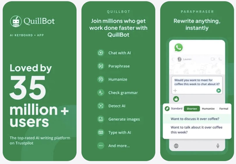 quillbot-iphone-app-features listed on green background
