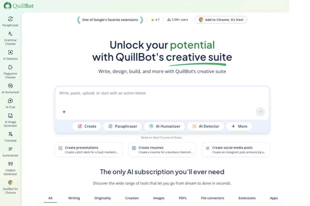 visual of the quillbot-web-app-ui with side nav, text boxes