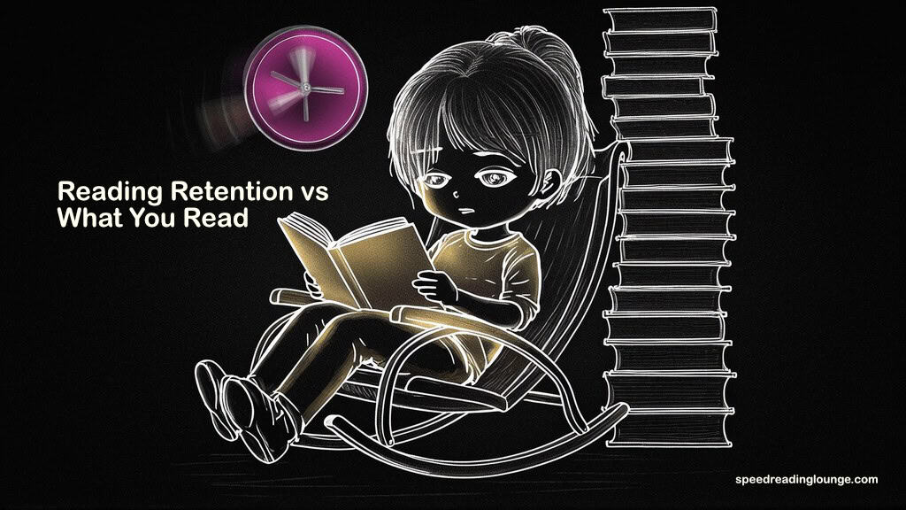 Reading retention applied to books of different types shown as a chibi figure rocking contentedly re-reading the same book while a clock spins fast above them