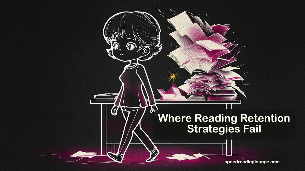 Reading retention limitations shown as an adult chibi figure walking away unaware as a pile of over-highlighted books tips and falls behind them