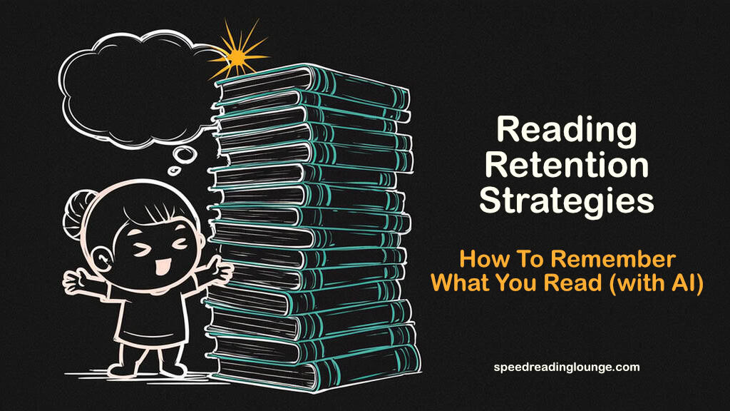 Reading retention problem shown as an adult chibi figure beside towering book stacks with an empty thought bubble above their head