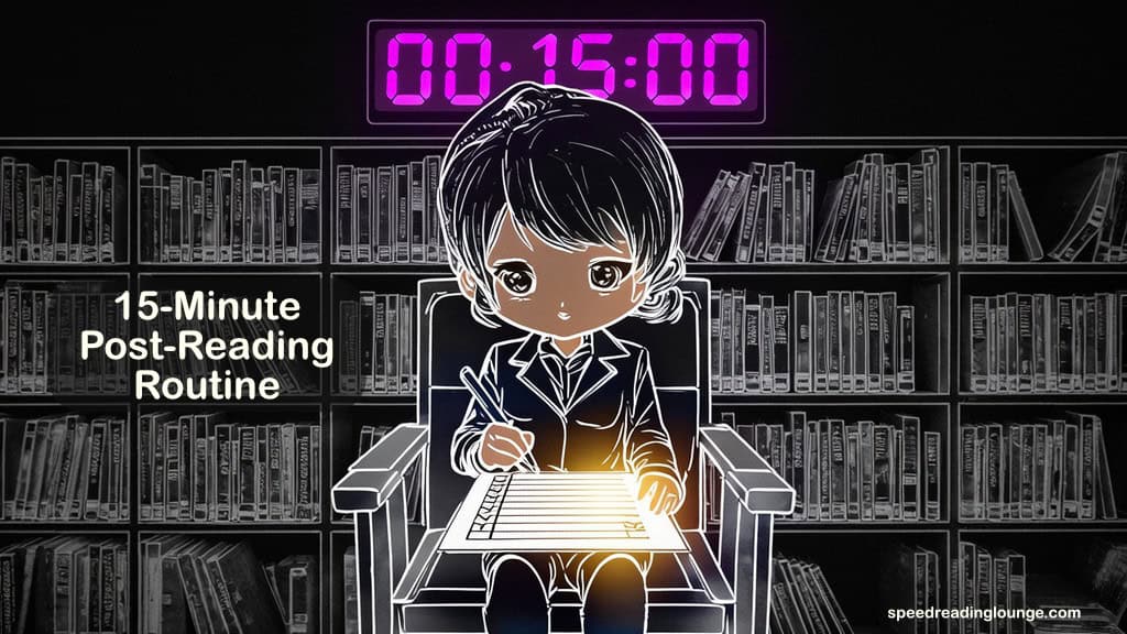 Post-reading retention routine shown as an adult chibi figure with a checklist in a launch-style chair facing a fifteen-minute countdown clock