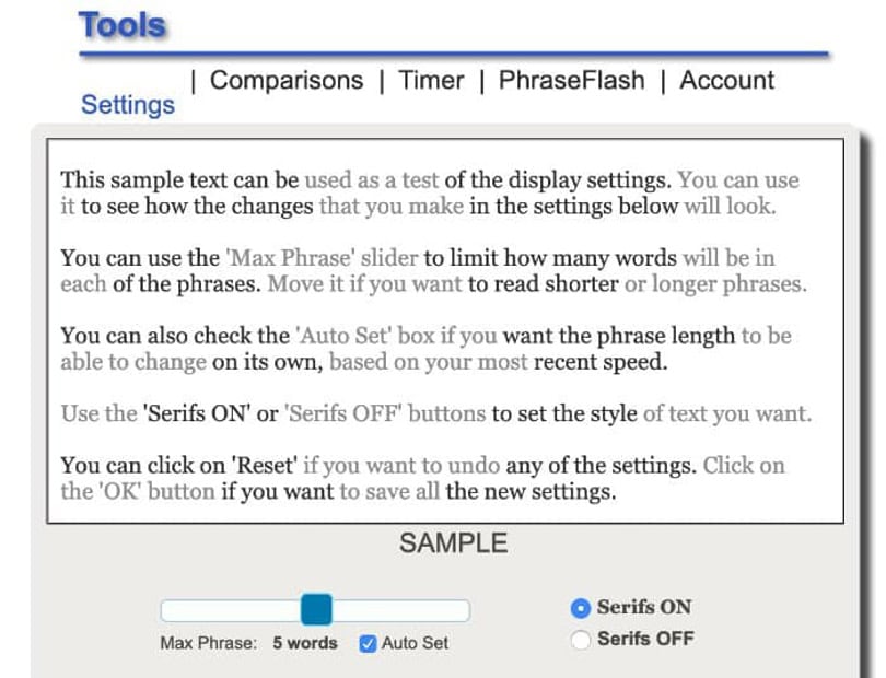 view of the readspeeder interface and settings with free-reading-lessons