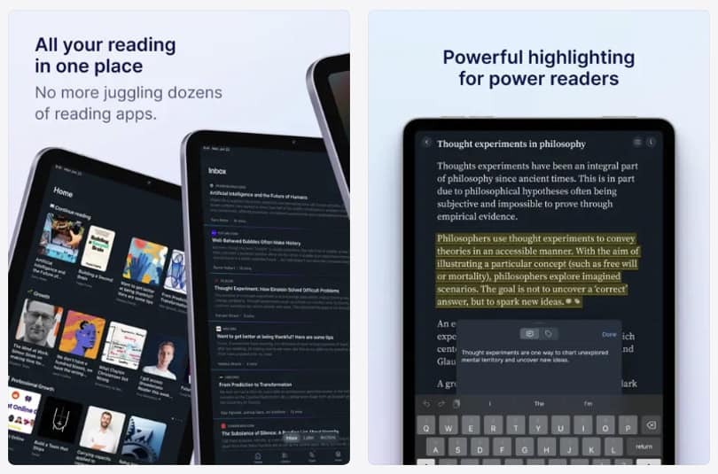 readwise-reader-ipad-reading features and text examples on mobile device