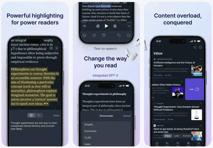 readwise-reader-showing visuals of user iphone-interface and functions
