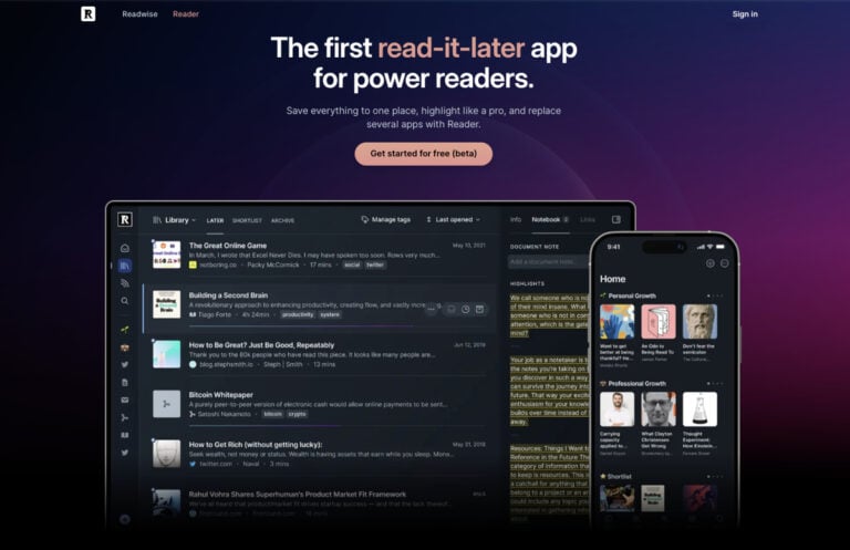 readwise-reader-readlater-app interface with visuals of features