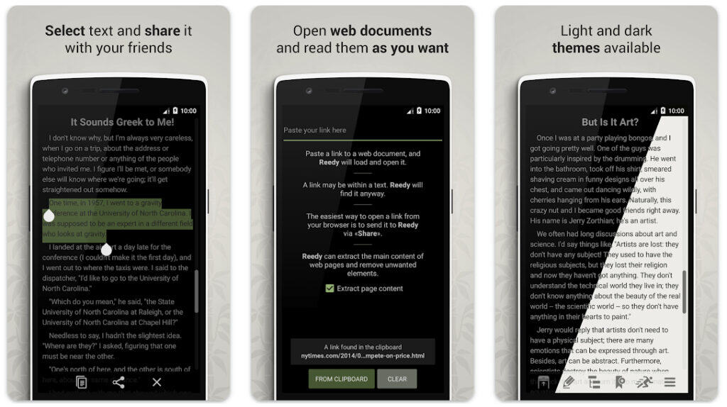 reedy-screenshots of app interface for android and chrome with features, tools and settings