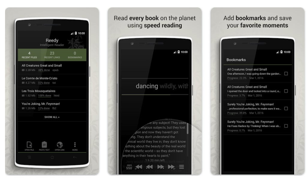 reedy-screenshots of app interface for android and chrome with features, tools and settings