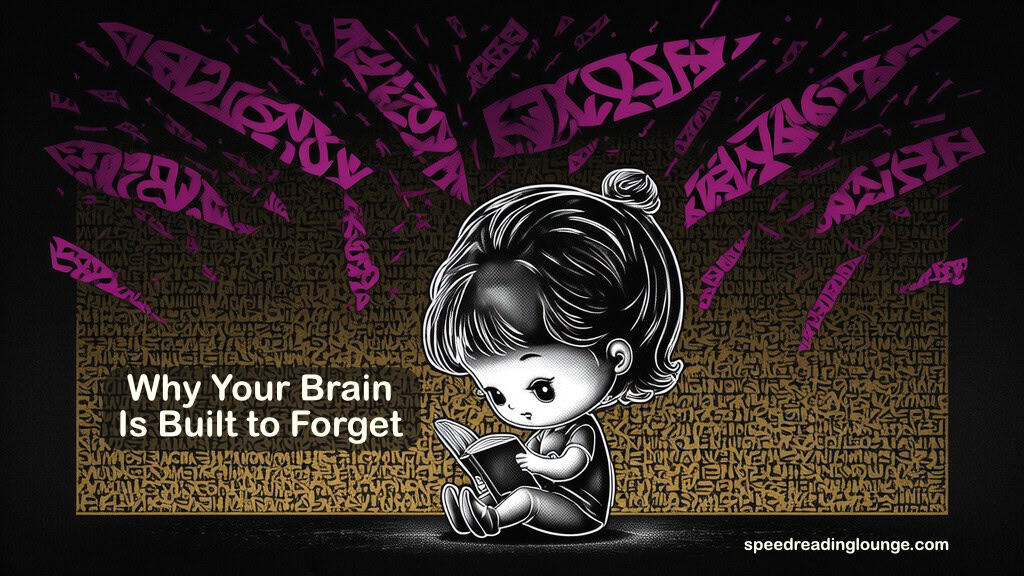 Forgetting curve shown as a tiny chibi figure reading while a vast wall of words crumbles and falls silently all around them