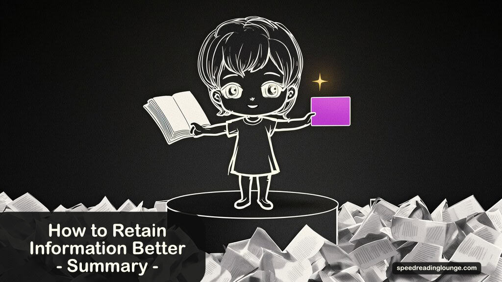 Reading retention verdict on how to reatin information better shown as an adult chibi figure balancing an open book and a single index card above a sea of discarded pages.