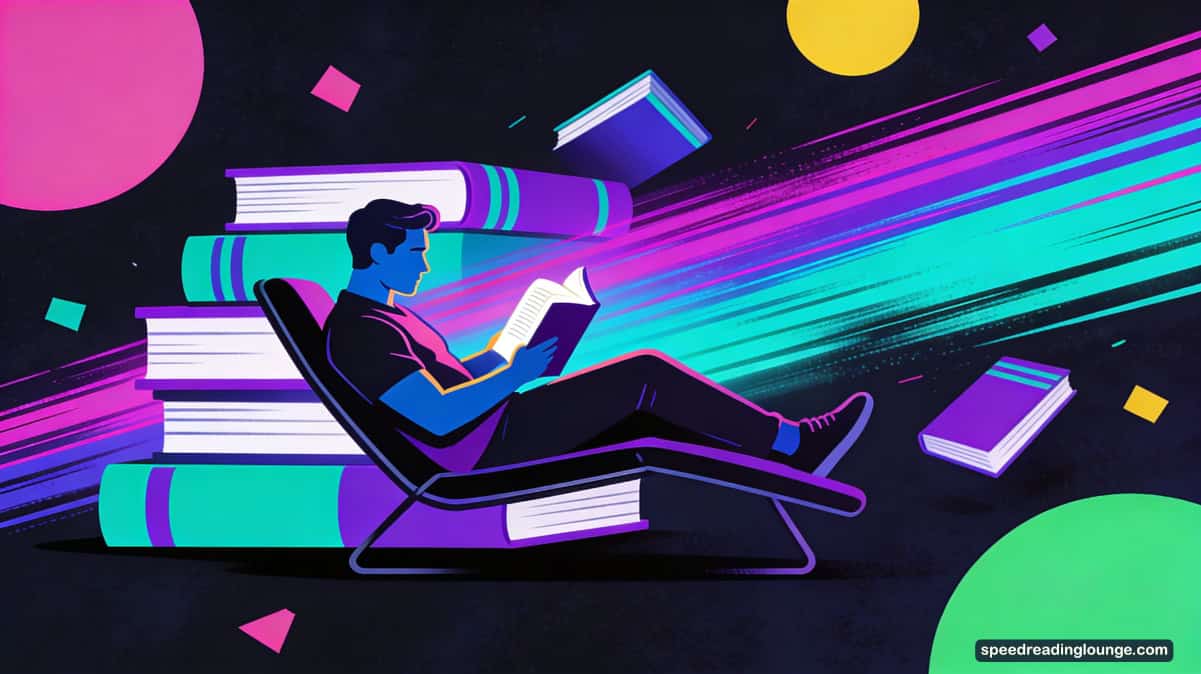 Confident adult speed reader holding a speed reading book in front of rising magenta, teal, and yellow paths, symbolising AI-assisted speed reading progress, learning efficiency, and better comprehension