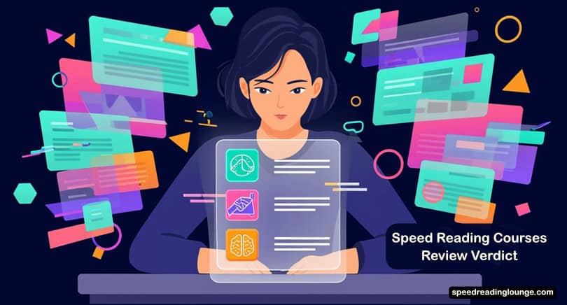 Flat illustration of a person at a desk reviewing a glowing speed reading course checklist with icons for comprehension, WPM, and certification - review verdict
