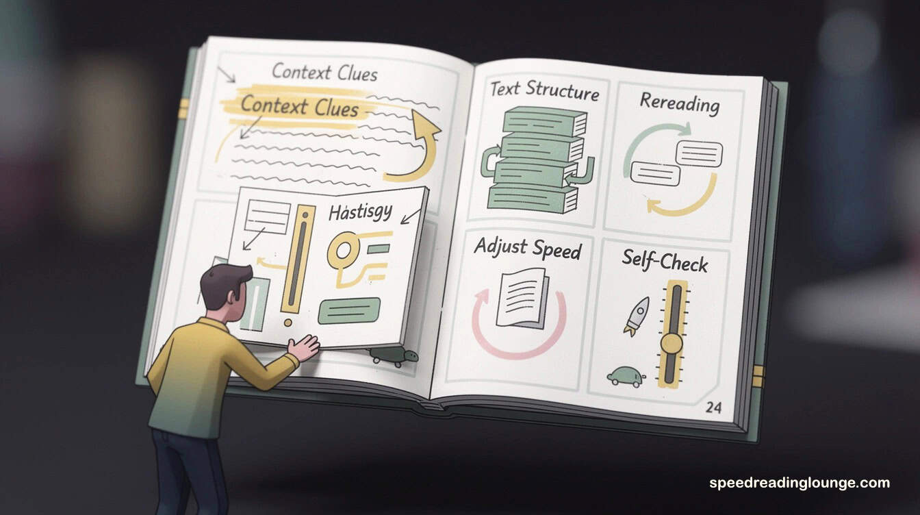 Stylish reader engaging with a hand-drawn book-shaped panel displaying seven key reading comprehension strategies: context clues, text structure, rereading, speed adjustment, self-checking, background knowledge, retrieval practice—essential techniques to improve reading comprehension strategies
