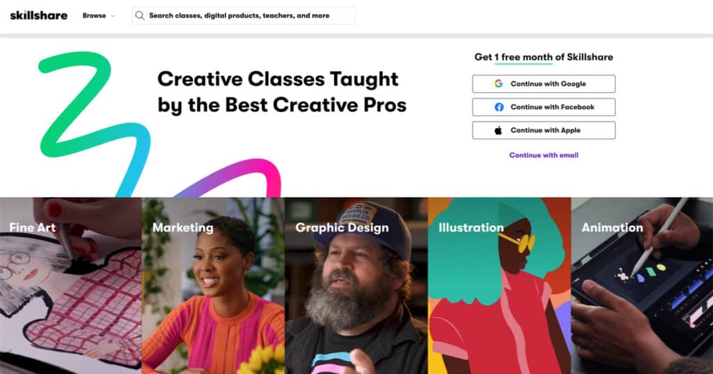 a colorful illustration with sliding photos of skillshare categories covering pros and cons