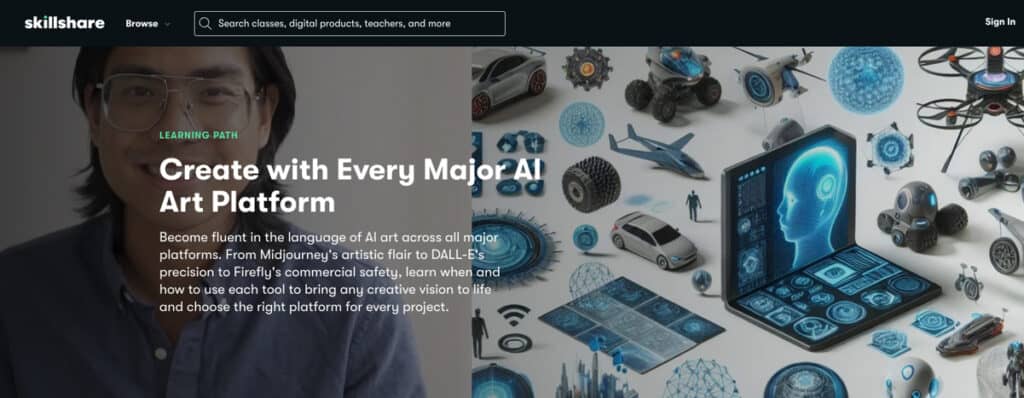 a skillshare class course page image of create art with any ai platform
