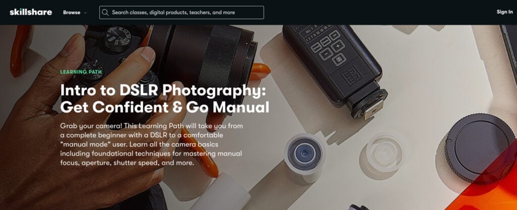 a skillshare class course page image of dslr photography