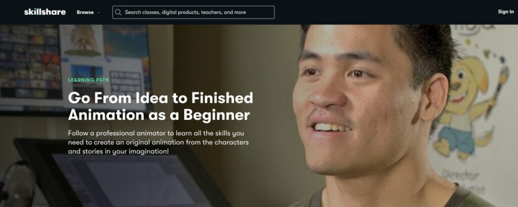a skillshare class course page image of from idea to finished animation