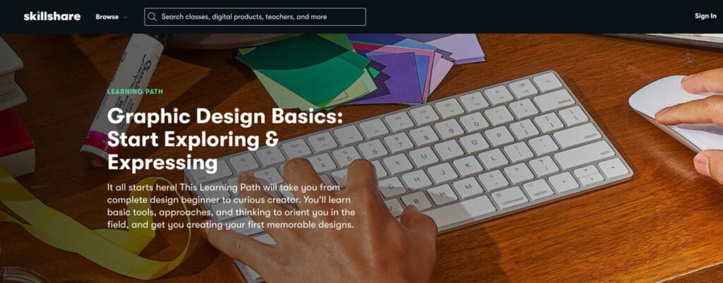 a skillshare class course page image of graphic design basics