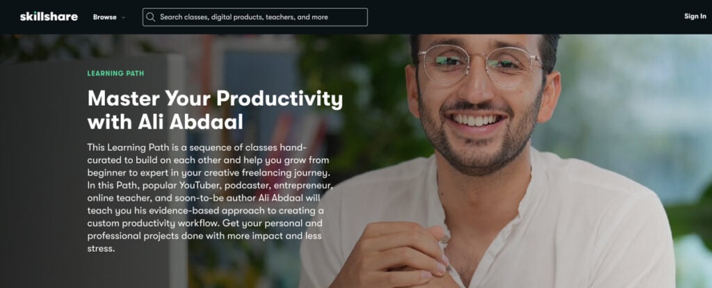 a skillshare class course page image of master productivity with ali abdaal
