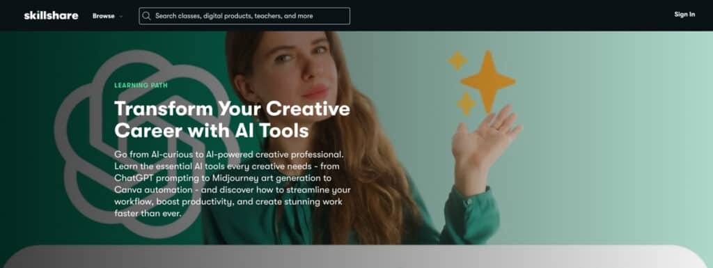 a skillshare class course page image of Transform your Career with Ai tools