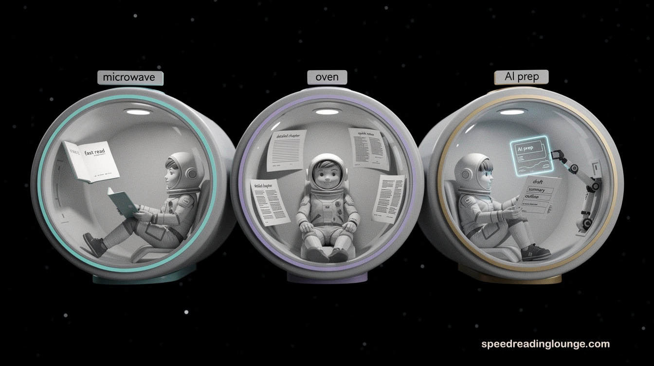 Three floating reading pods showing the same learner in different modes, illustrating how skimming and scanning support quick passes, deep reading, and AI‑assisted previews.