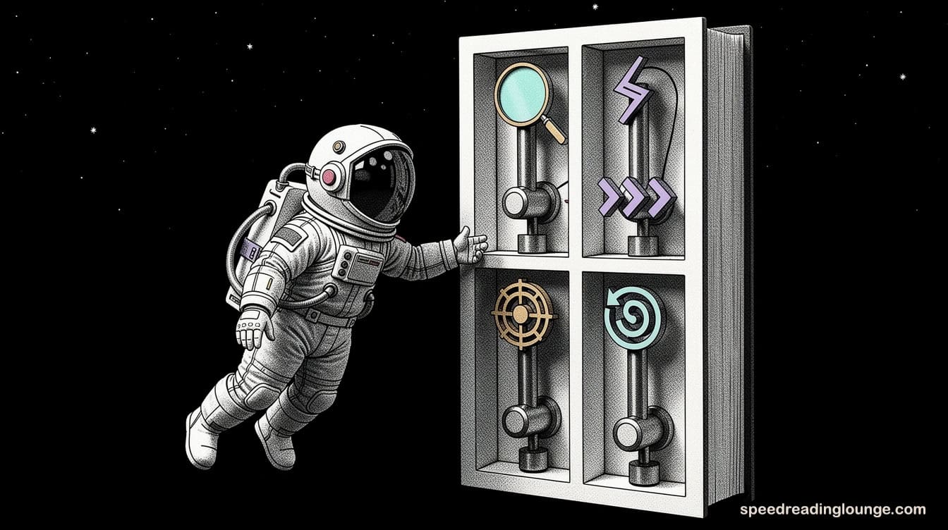 Astronaut in front of a book‑shaped control panel with four levers, each icon symbolizing different skimming and scanning strategies readers can switch between