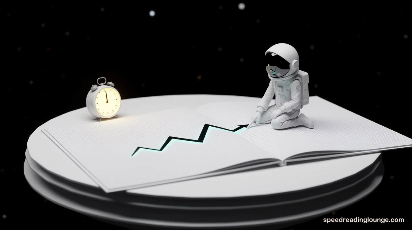 Child astronaut tracing a bold zigzag path across a giant page on a floating platform, representing hands‑on practice exercises for skimming and scanning.