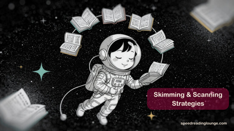 Illustration of a calm child astronaut floating in space connected to orbiting books, symbolizing skimming and scanning skills for faster understanding of information.