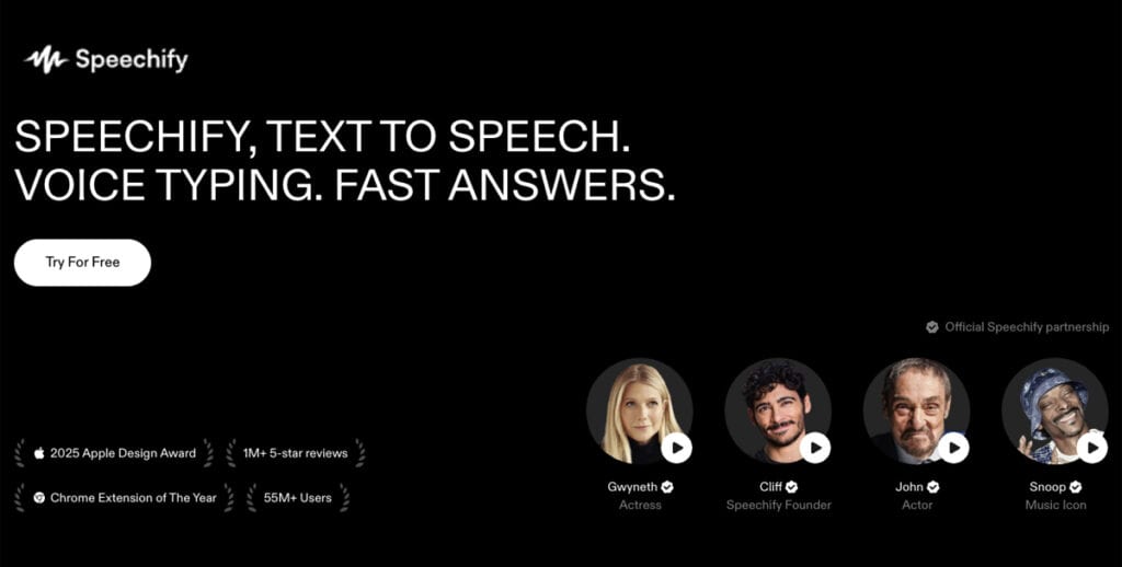 ux interface of speechify-app-review-verdict with overview of efatures and examples