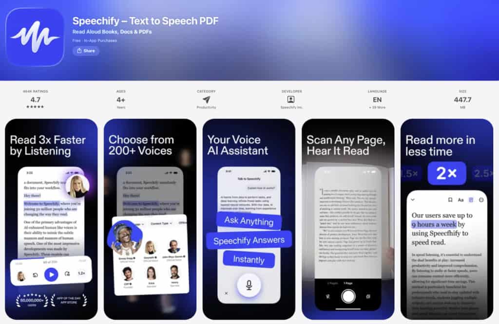 speechify-review - overview of speechify tts-app with features, rating and iphone ux examples