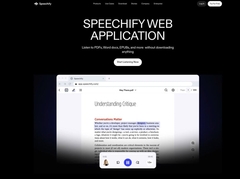 ux interface of speechify-web-application-ux with features and examples