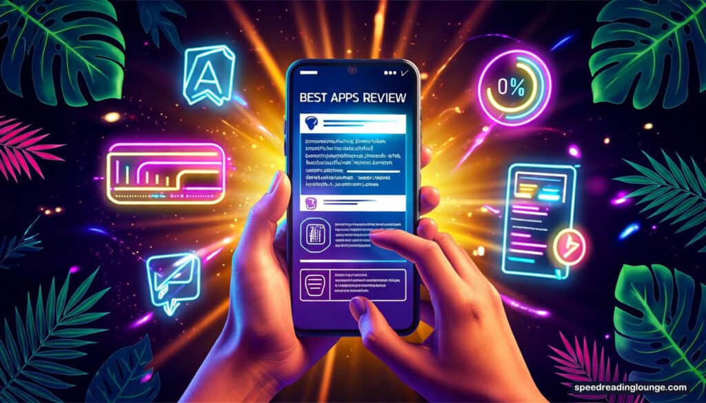 two hands operating speed reading software on a mobile device review and rating symbols floating around. colored light beams symbolize reading speed and velocity