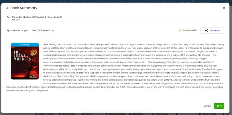 a book cover next to written text showing spreeder's ai book summery feature