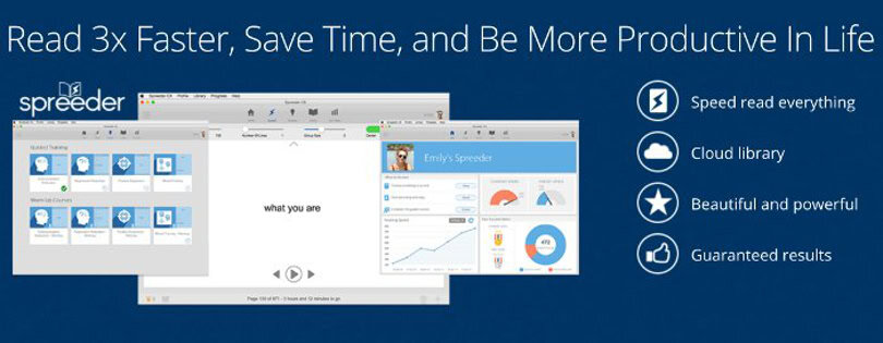 Image of the Spreeder eReader and list of benefits and outcome goals on dark blue background