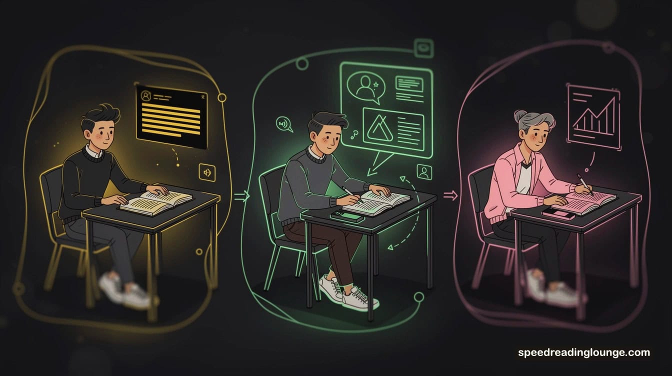 strong rand effective readers shown in three hand-drawn sequential scenarios demonstrating simple reading comprehension workflowa: yellow preview stage, green active reading and clarification, pink verification and reflection
