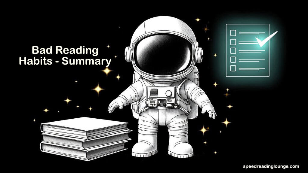 Astronaut closing final book and checking off last item on floating checklist — summarizing how to overcome bad reading habits and build good reading habits for improved reading speed and comprehension