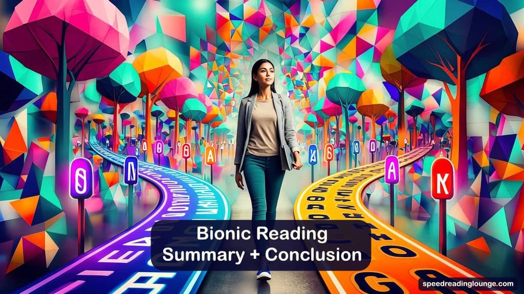 Bionic Reading Method: Does It Actually Work for You? 8 Illustration of a colorful forest path splitting into two trails, one lined with signs showing bold first-letter text and the other with normal text, with a reader pausing at the fork, symbolising the decision to keep or drop bionic reading as part of a speed reading practice.