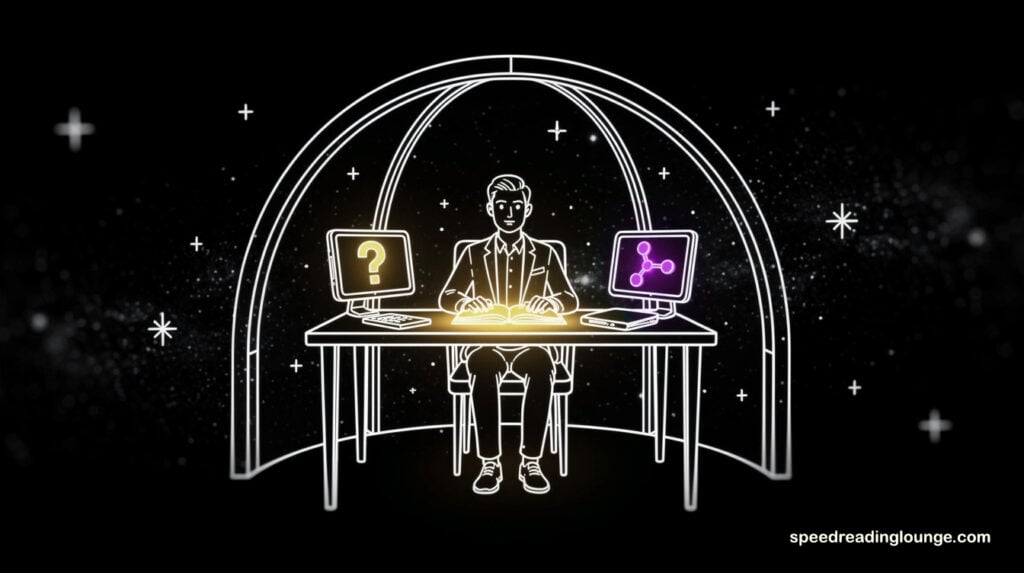Stylish figure reading at a minimal high-contrast desk in a bright hand-drawn observatory with golden yellow book, green knowledge displays, and pink notes—showing reading comprehension strategies with strong visual clarity
