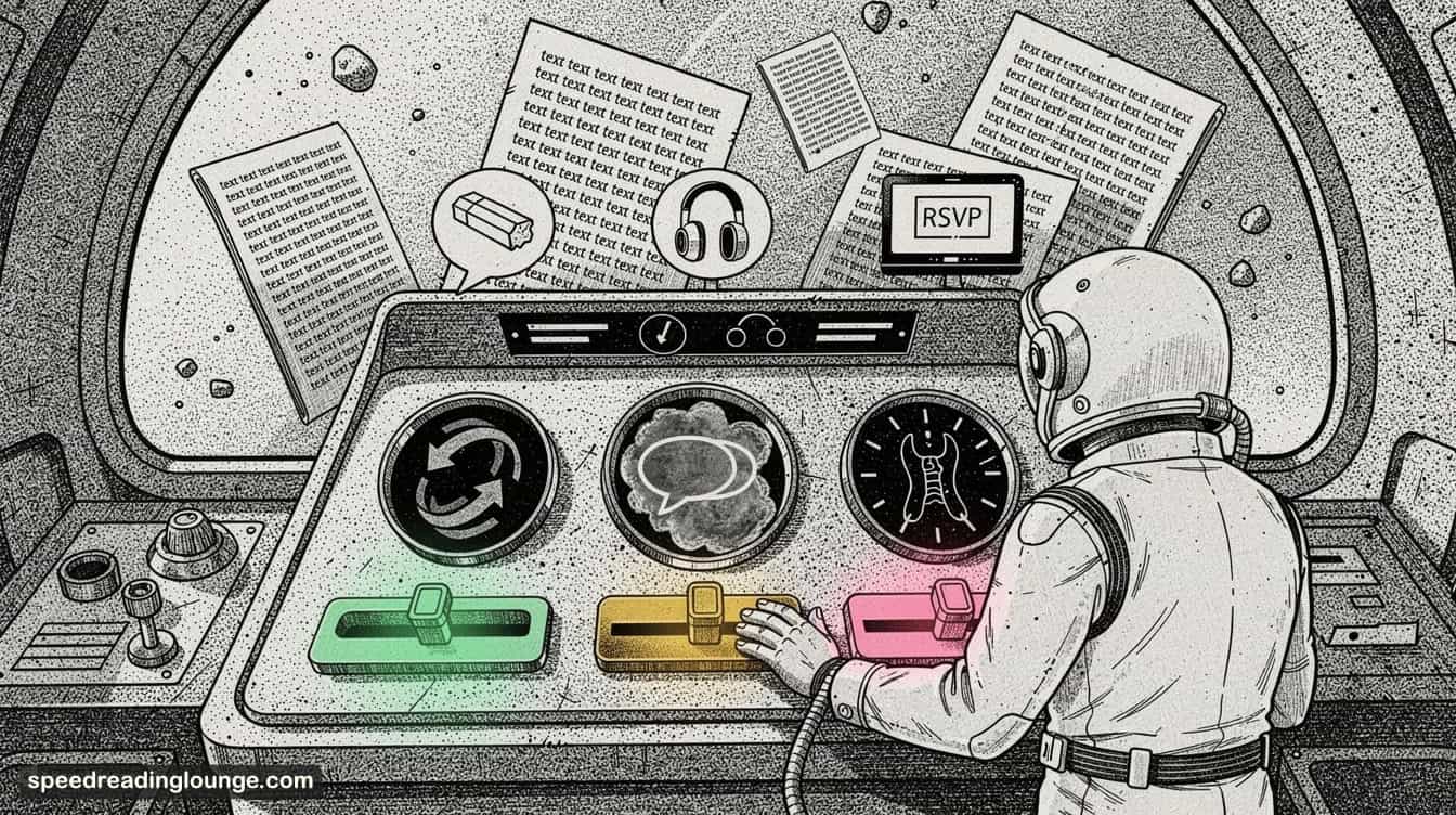 Control‑room style dashboard showing troubleshooting tips to stop subvocalization, with dials for back‑skipping, poor comprehension, and lip movement, adjusted by an astronaut technician using gum, headphones, and RSVP icons.