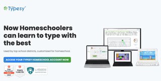 showing typesy homeschool interface and features on light blue background