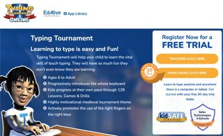 showing typing tournament interface and features on blue and white background