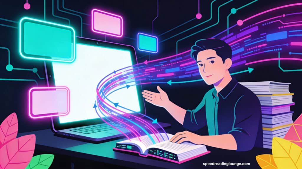 Professional reader at a desk using a laptop to send glowing AI data streams into an open speed reading book, illustrating an AI speed reading workflow for reading faster, summarising, and understanding complex content.