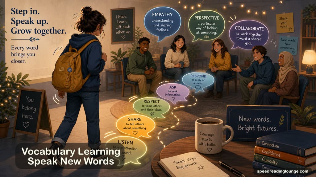 How to Improve Vocabulary Effortlessly 10 Illustration for Speak New Words Before You Feel Ready, showing two people in animated conversation while new vocabulary words hover between them, symbolizing active vocabulary learning through practice and dialogue.