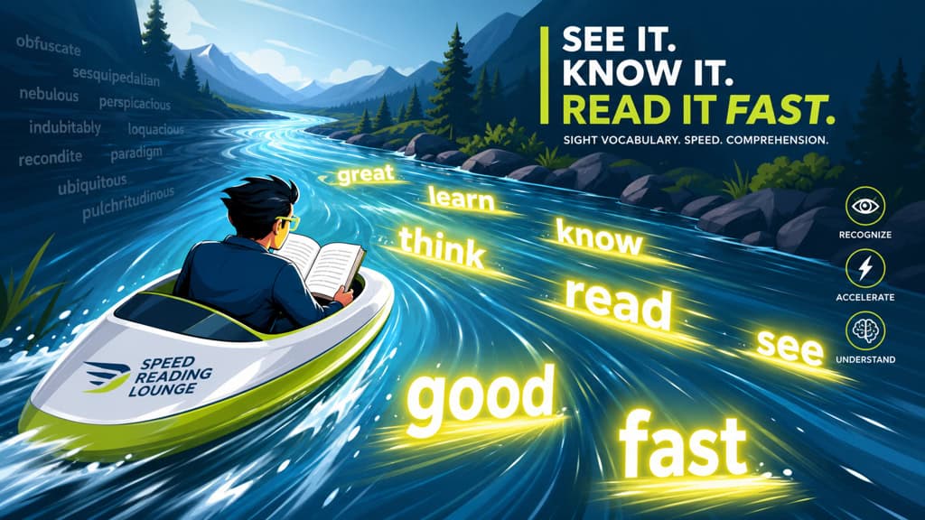 How to Improve Vocabulary Effortlessly 12 Illustration for Vocabulary and Speed Reading — The Connection, showing a reader gliding along a fast-moving stream of highlighted vocabulary words, with sight vocabulary glowing ahead to visualize how improving vocabulary increases reading speed and comprehension.