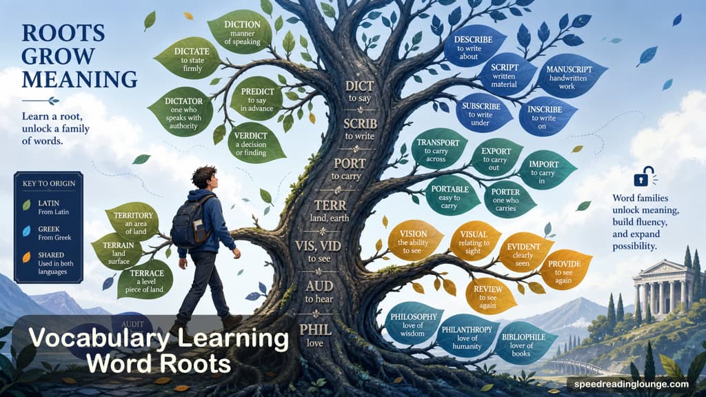 How to Improve Vocabulary Effortlessly 9 Illustration for Learn Words Through Their Origins, showing a learner exploring Latin and Greek roots on branching word trees, with clusters of related vocabulary words that highlight word families, prefixes and suffixes.