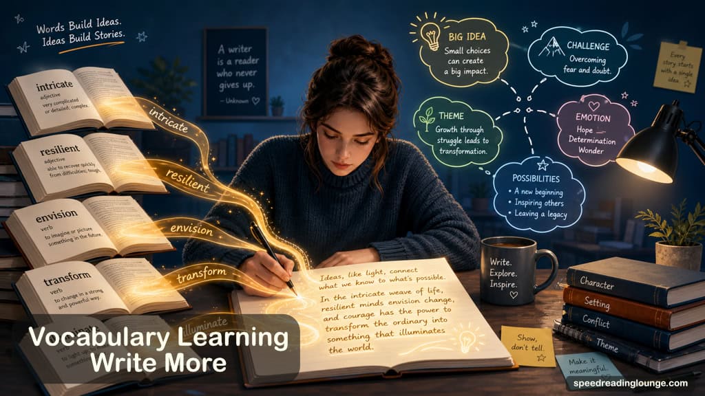 How to Improve Vocabulary Effortlessly 8 Illustration for Write More, Write Deliberately, showing a writer at a desk weaving new vocabulary words into sentences, with flowing text ribbons and mind-map bubbles that visualize active vocabulary building through writing.