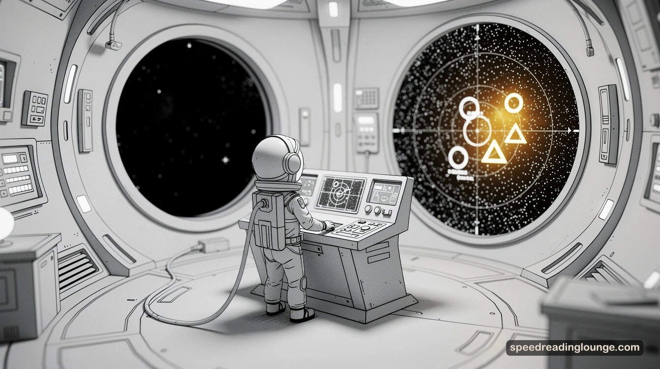 “Child astronaut at a circular radar console inside a space station, visualizing scanning techniques used to quickly locate key facts and trigger words in a text.